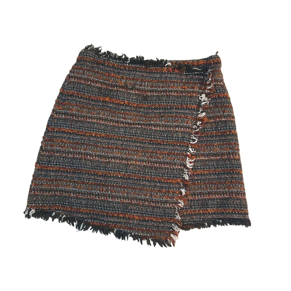Zara Girls Soft Collection Tweed Wrap Skirt Brown Size 9 Frayed Hem